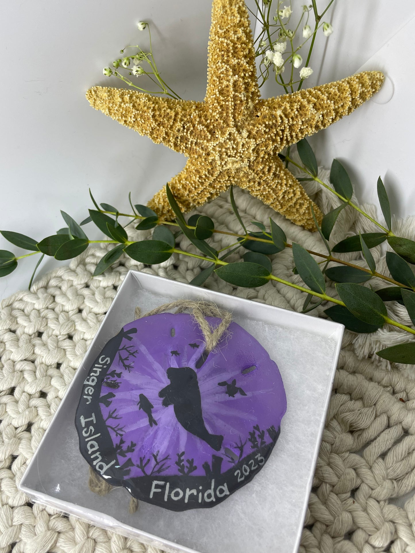 Purple Manatee Eclipse | Singer Island Florida | Painted Sand dollar Ornament