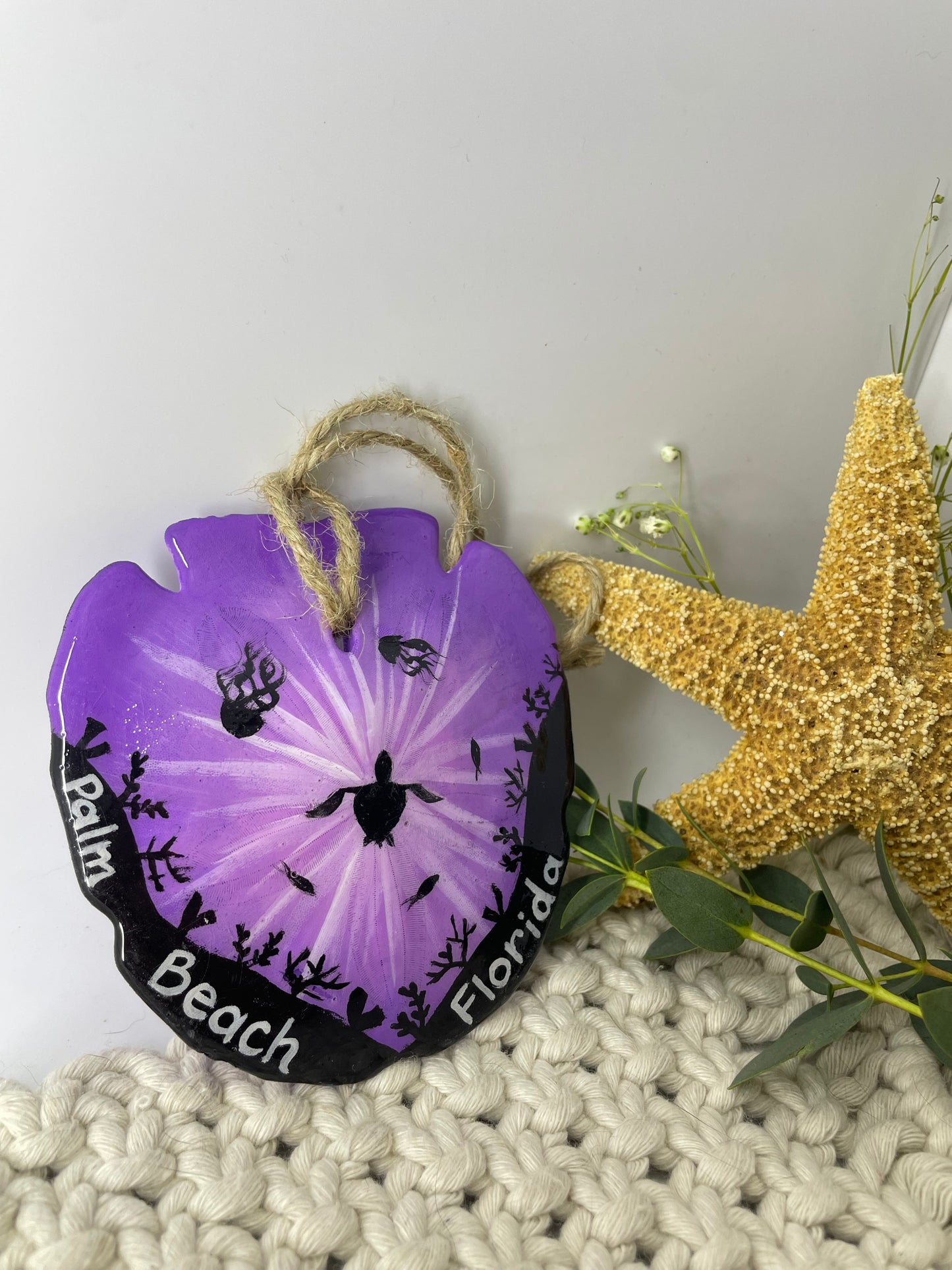 Purple Turtle Eclipse | Palm Beach Florida | Painted Mexican Arrowhead Sand dollar Ornament