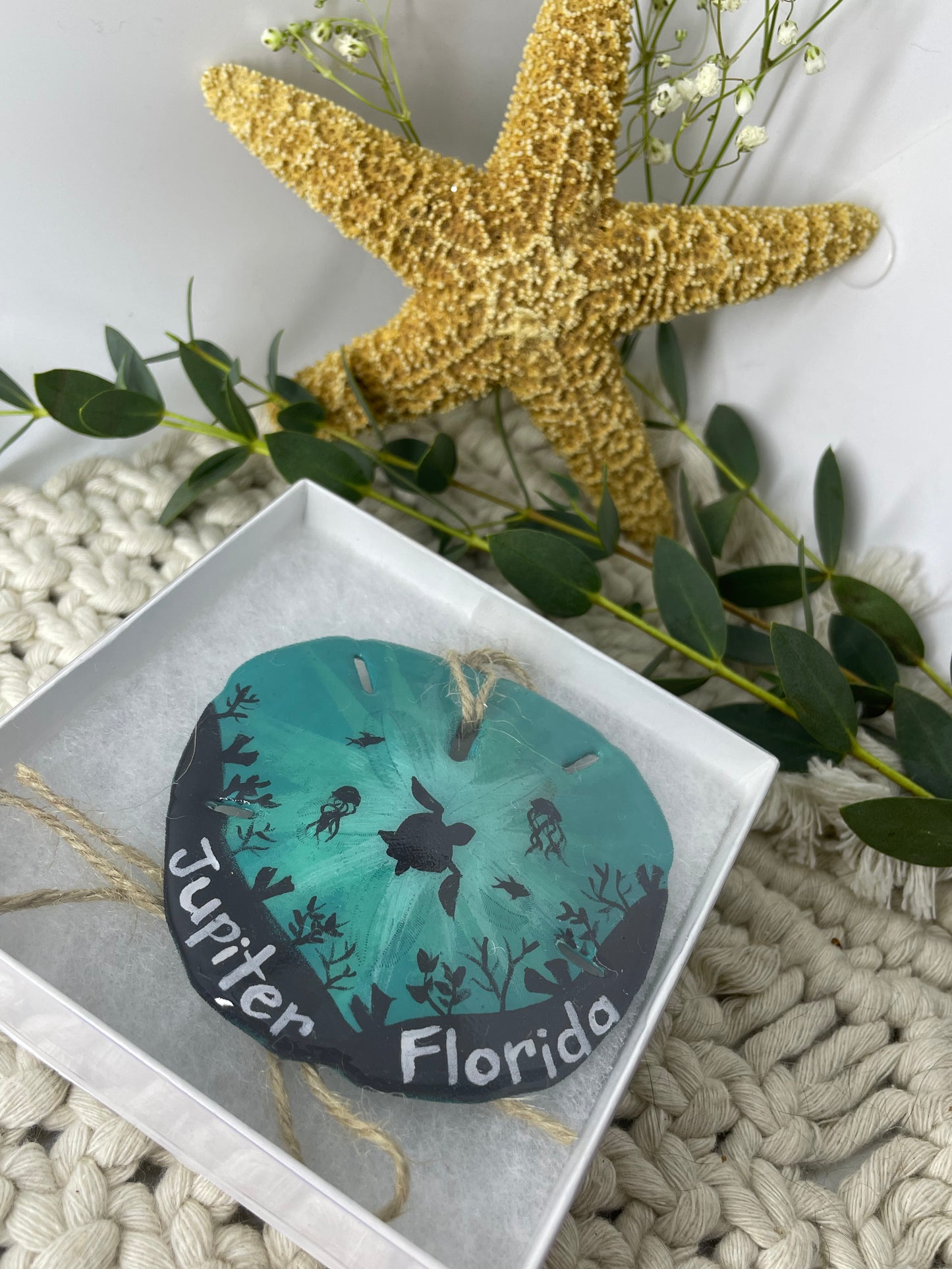 Teal Turtle Eclipse | Jupiter Florida | Painted Sand dollar Ornament