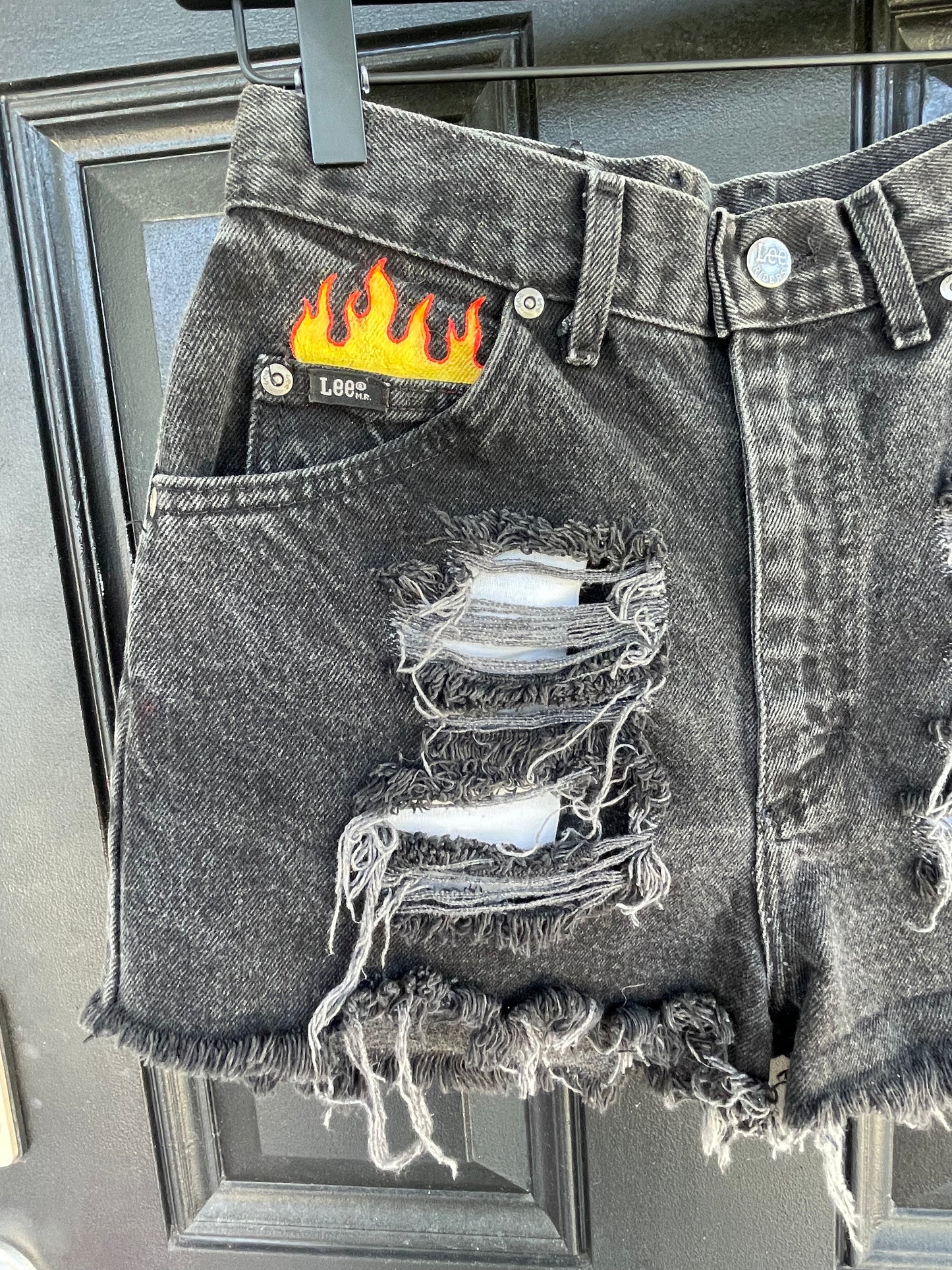 Size Small | Hot Rod | Distressed Black Painted Vintage Highwaisted LEE Jean Shorts