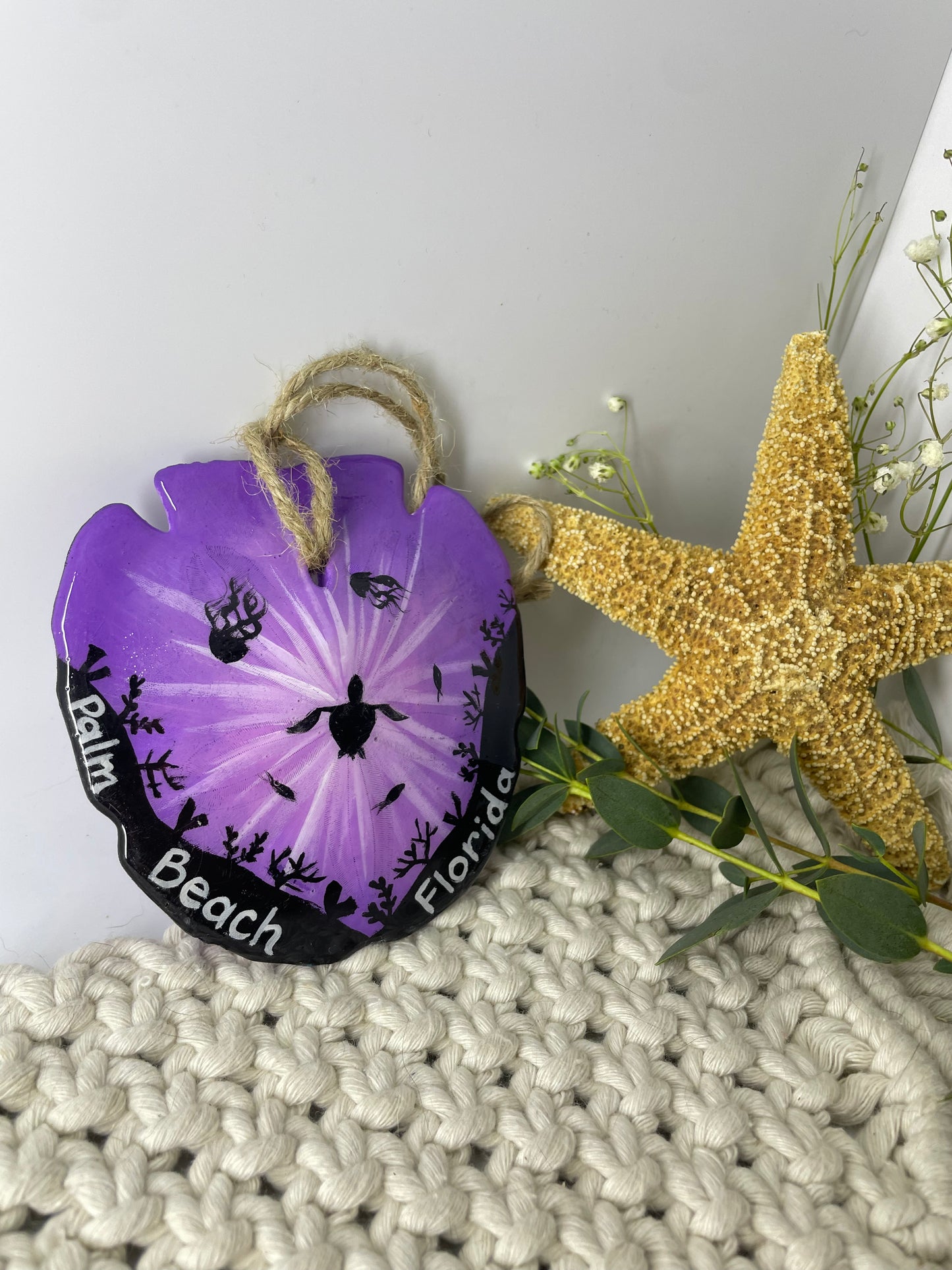 Purple Turtle Eclipse | Palm Beach Florida | Painted Mexican Arrowhead Sand dollar Ornament