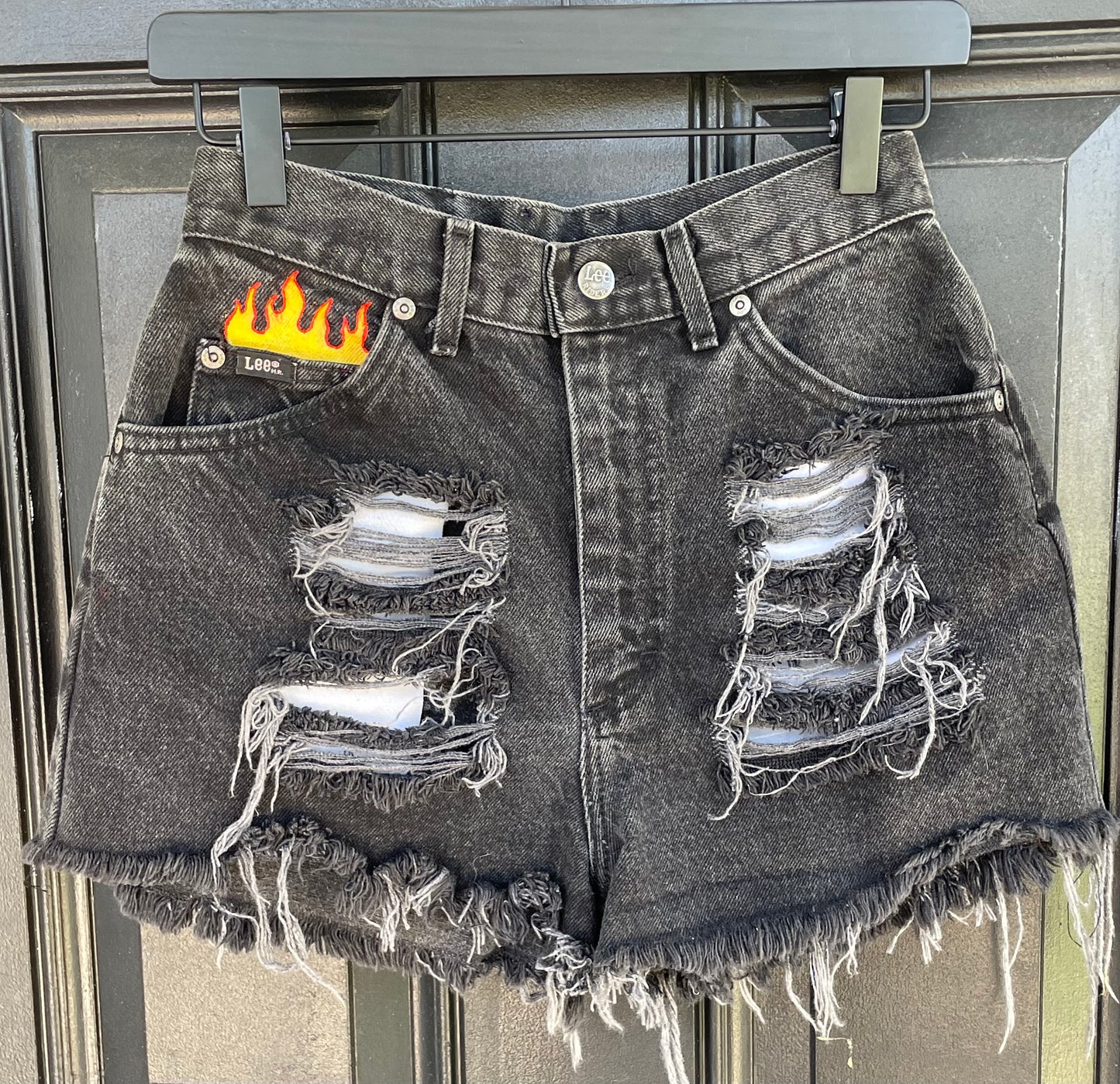 Size Small | Hot Rod | Distressed Black Painted Vintage Highwaisted LEE Jean Shorts
