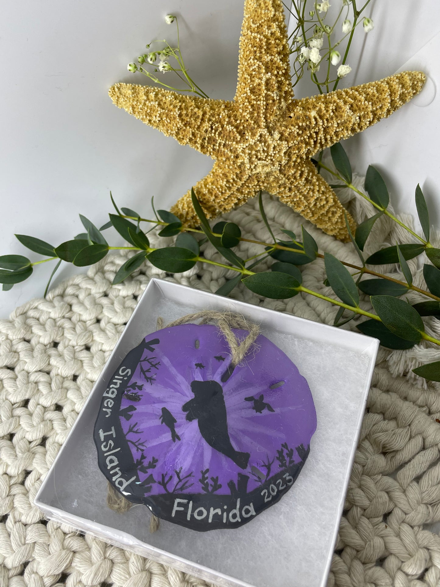 Purple Manatee Eclipse | Singer Island Florida | Painted Sand dollar Ornament