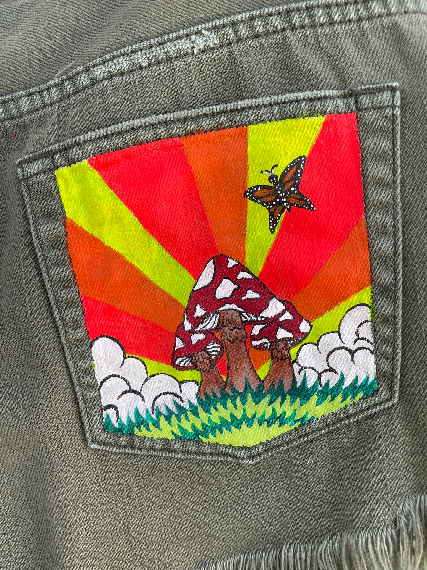 Size 28 (4) | Metamorphism | Painted We The Free People Green Denim Shorts