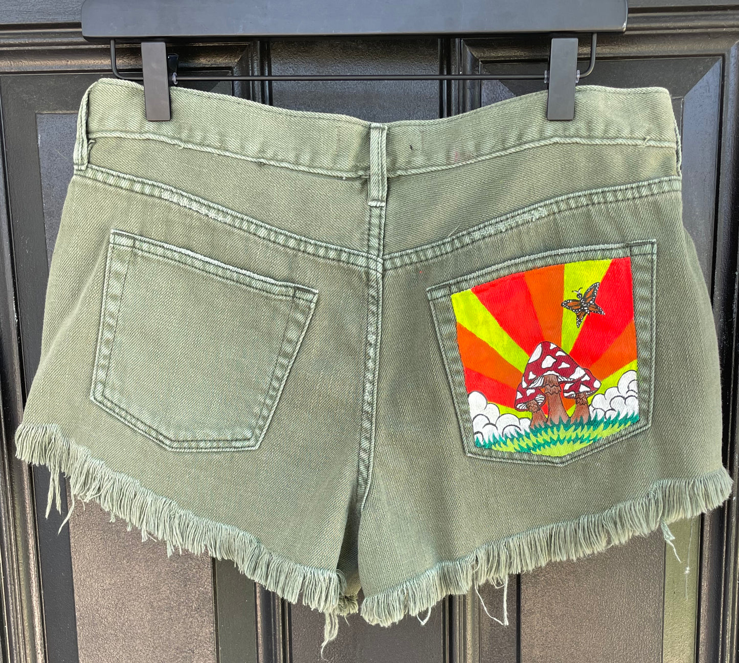 Size 28 (4) | Metamorphism | Painted We The Free People Green Denim Shorts
