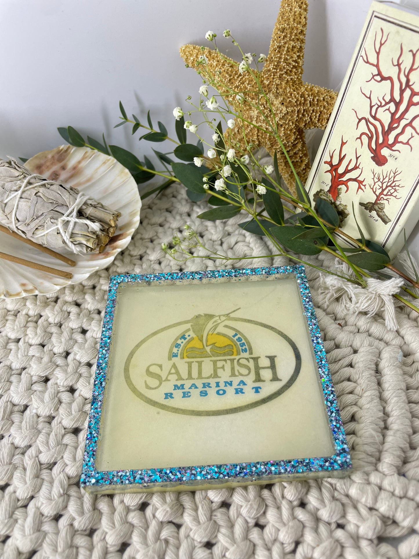 Sailfish Marina Resort Trinket Tray/Coaster | Blue Sparkle Rim